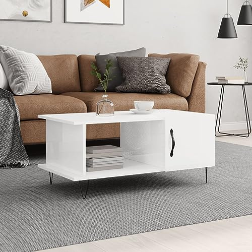 Homvdxl Couchtisch mit Tür und Regal, 2 Etagen, kleiner Couchtisch, schlichter, moderner Mitteltisch für Wohnzimmer, Heimbüro, 90 x 50 x 40 cm, einfache Montage, minimalistisch, Weiß Hochglanz