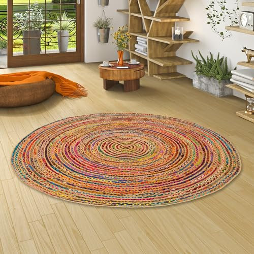 Runder Jute Teppich Salsa Bunt mit Baumwolle - Handgefertigt aus strapazierfähiger Naturfaser - Schlichtes Design mit geflochtenem Muster - Verschiedene Größen verfügbar