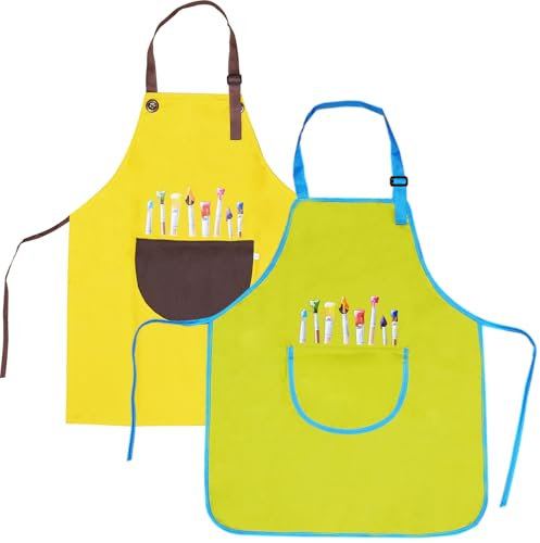 XSYKJGS Malschürze Kinder 2 Stück Schürze Kinder Schule, Verstellbare 6-10-12 Jahre Kochschürze Kinder Jungen Mädchen mit Taschen für Basteln Malen Backen Kochen (Grün und Gelb)