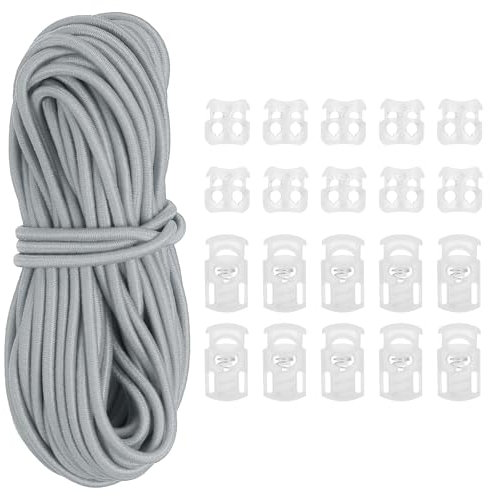 PATIKIL 16 Yard Elastic Bungee Cord & 10pcs Single Hole Cord Lock & 10pcs Double Hole Spring Toggle Stopper for Paracord Drawstring Shoelace Clothing Backpack Bags, Light Gray