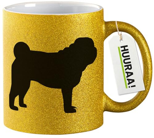 Huuraa Glitzertasse Mops Silhouette Geschenk | Motivtasse 330ml Glitzer Tasse mit Spruch Gold Keramik Kaffeebecher Geschenkidee Goldener Glitter Becher mit Motiv