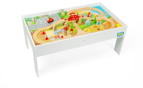 Bigjigs Rail - Zugset & Tisch - 50 Spielstücke Holzbahn Aktivitätstisch mit Strand, Bauernfeld, Baustelle & Straßenseite, Kinderzüge und Eisenbahnsets, Spielzeug und Geschenke für Kleinkinder, 3 Jahre