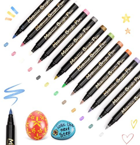 Metallic Stifte,12 Farben Dual tip Metallic Marker Stifte Set,Acrylstifte für Steine Wasserfest für Steine Holz,Glas,Leinwand,Stein,Stoff,DIY Fotoalben,Keramik