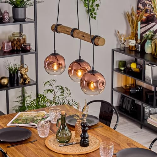HOFSTEIN Pendelleuchte Ripoll, Hängelampe aus Metall/Holz/Glas in Schwarz/Natur/Kupferfarben/Klar, Hängeleuchte im Retro/Boho-Design mit Glasschirmen und Holzbalken, E27, Esszimmer, Wohnzimmer, Küche