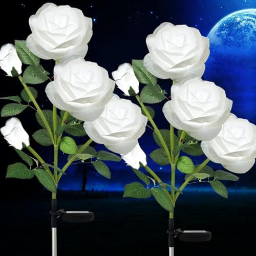 HELESIN Solarlampen für Außen Garten, 2 Stück, IP65 Wassergeschützt, Solar Blumen Außen Wetterfest, 5 Rosen Blütenblätter, Weiß