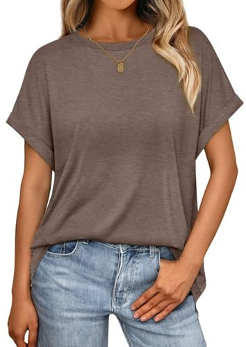 Cuptacc T Shirt Damen Sommer Round Neck Kurzarm Oversize Shirts Cap Sleeve Oberteile Damen Freizeit Mittel M 38-40 Kaffee grau