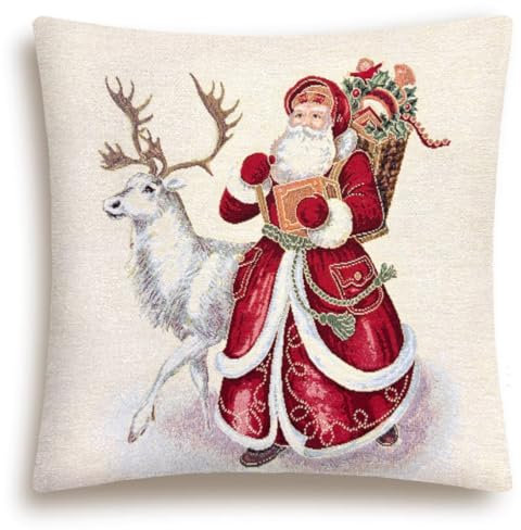 Home of Christmas Kissenhülle Weihnachten 45x45 cm Kissenbezug Gobelin Weihnachtskissen Sofakissen Dekokissen Kissen Reißverschluss (Weihnachtsmann und Rentier (Glitzernde))