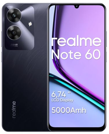 realme Note 60 Smartphone 6+128GB,Display 6.74in, modalità Eye Comfort 90Hz,Batteria 5000mAh,Processore UNISOC T612,fotocamera 32MP Ultra HD,Supporto scheda micro-SD,Nero