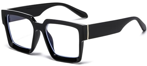 LJCZKA Oversized Square Blue Light Glasses for Women Men Big Thick Frame Chunky Computer Gaming Eyeglasses Anti Glare Headache Eyewear (Black, 0.0, x)