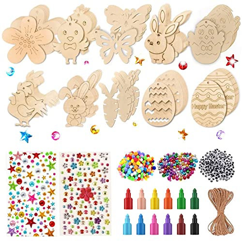 Yi'antai Ostern Basteln Holz, Ostern Anhänger Holz, Ostern Basteln Kinder, Holzanhänger zum Bemalen, DIY Anhänger Ostern Mit Aquarellstift, Strass, Deko Schnur