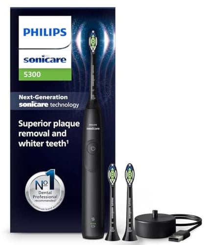 Philips Sonicare 5300 elektrische Zahnbürste, Schallzahnbürste mit 2 Intensitätsstufen, Andruckkontrolle, EasyStart, Smartimer und BrushPacer, Schwarz, Modell HX7101/04 [Neue Technologie]
