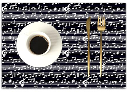 DASNK 4er Set Platzsets 30x45cmRutschfest Abwaschbar Tischmatten PVC Abgrifffeste Hitzebeständig Tischsets,Platz-Matten für küche,Black Music Noten und Notenschlüssel-Blattmuster Künstlerische Darste