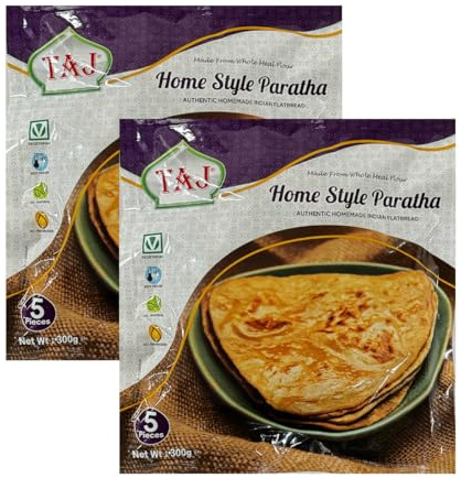 Taj Home Style Paratha 300g 5 Pieces Made from Whole Meal Flour Authentic Homemade Indian Flatbread No Artificial Preservatives Ready to Cook Product from India Pack of 2