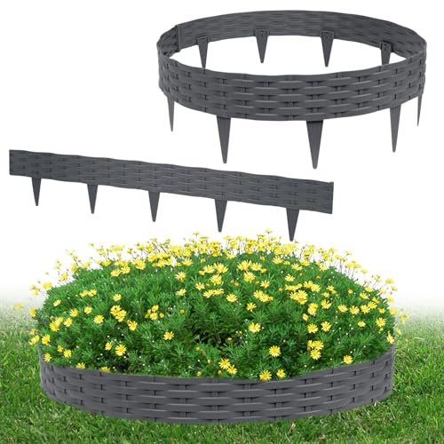 TANYEAR Rasenkante Kunststoff Beeteinfassung 10m Rattan-Optik Beetumrandung Gartenpalisade, Palisade mit 10 Elemente, Mähkante Beetzaun Beetumrandung Rattan, Anthrazit