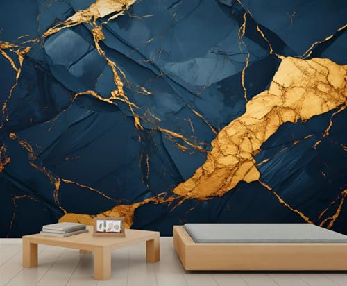 YEMYOR Peintures murales en marbre géométrique doré, lignes dorées irrégulières, papier peint effet marbre rétro bleu et noir, 3D, à faire soi-même-500x300cm