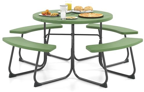 GIANTEX Set da giardino da picnic per 8 persone, tavolo da giardino rotondo con 4 panche, tavolo da birra con foro per ombrellone, set da giardino in HDPE, set per panca da birra (verde)