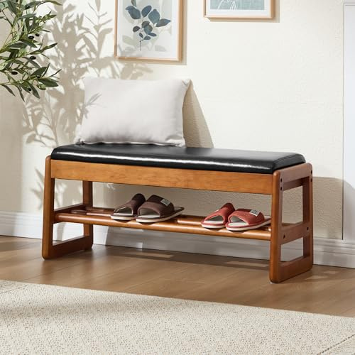 YUUIJOAA 100 cm Shoe Storage,2 Tier Wooden Storage Bench,Shoe Bench Storage with faux leather cushion for Living room,hallway,load capacity up to 136 kg(BLACK)