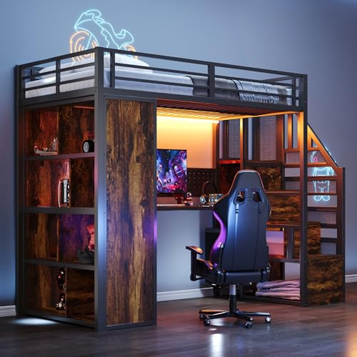 WIZBED Eisenbett, Hochbett 90x200 für Kinder und Jugendliche, Metallbett mit Schreibtisch,LED, Treppe, Kleiderschrank, Staufächern, Lochblech, Etagenbett schwarz, ohne Matratze