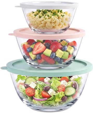 Greentainer Glass Mixing Bowl Sets - Salad Bowl with Lids Stackable Nesting Bowls for Baking, Cooking & Food Prep - 0.7 L; 1.5 L; 2.7L-Microwave & Dishwasher Safe, BPA Free