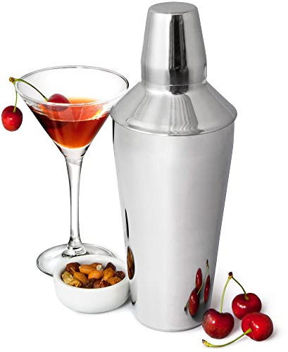 Manhattan Cocktail Shaker by bar@drinkstuff (28 oz / 750ml - 26cm Tall) Stainless Steel 3 Piece Cocktail Shaker with Strainer