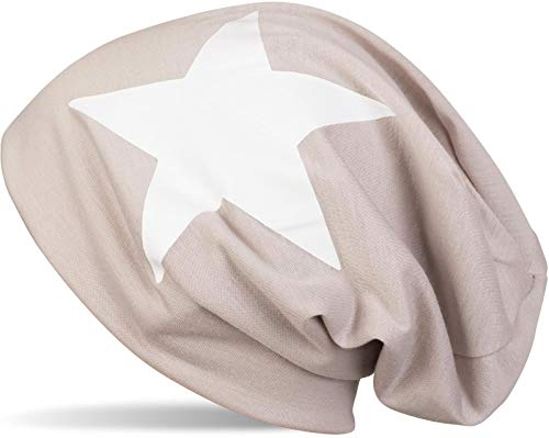 styleBREAKER Unisex Stoff Beanie Mütze mit Stern Print, Stretch Slouch Longbeanie 04024038, Farbe:Beige-Weiß