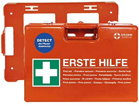 ACTIOMEDIC Erste-Hilfe-Kasten für die Lebensmittelindustrie, DOMINO DETECT DIN 13157:2021, Wandhalterung, blaue und gut erkennbare Pflaster, mehrsprachige Beschriftung, orange, 16 x 20 x 30 cm