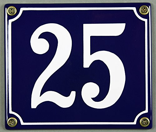 Emaille Hausnummernschild - Wählen Sie Ihre Nummer - Zahlen 1 bis 30 verfügbar - blau/weiß 12x12 cm und 12x14cm - sofort lieferbar! Hausnummer Schild wetterfest und lichtecht (25 blau/weiß 12x14cm)