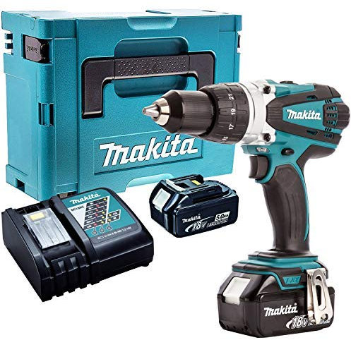 Makita DHP458Z 18v Combi Drill with 2 x 5Ah BL1850 Batteries + DC18RC Charger & Mak Case Blue/Black