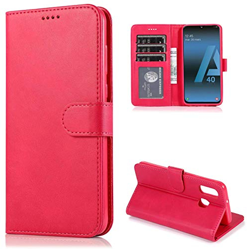 CTIUYA Schutzhülle für Samsung Galaxy A40, Hülle Handyhülle Leder Klapphülle Handytasche Flip Brieftasche Schutzhülle Magnet Wallet Case Tasche Lederhülle für Samsung Galaxy A40,Rose Rot
