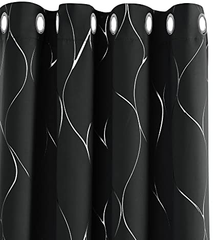 Deconovo Black Eyelet Curtains, Thermal Insulated Blackout Curtains, Silver Wave Line Foil Printed Curtains for Bedroom, 66 x 54 Inch(Width x Length), 2 panels
