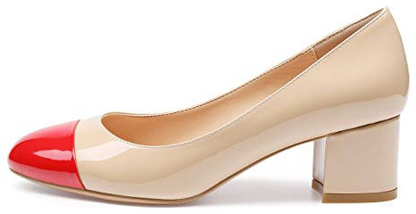 Castamere Mujer Medio Tacón Punta Redondas Tacón Ancho Zapatos de Tacón 5CM Rojo Beige Charol Zapatos EU 40