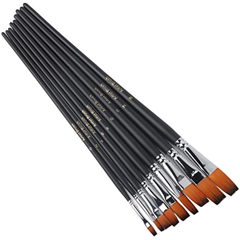 Lot de 9 pinceaux de peinture à pointe plate en poils de nylon avec long manche en bois pour acrylique, huile, aquarelle, détails miniatures