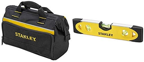STANLEY Tool Bag 30 x 25 x 13 cm in Resistant 600 x 600 Denier with 8 Interior 2 Exterior Pockets and Reinfored Base 1-93-330 & Shock Proof Torpedo Level 230 mm/9 Inch 0-43-511