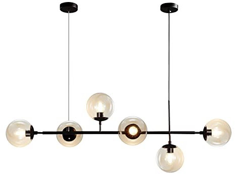 KCO Lighting Sputnik Kronleuchter mit 6 Bernsteinen, linearer mattschwarzer Kronleuchter, Mid-Century, verstellbare Pendelleuchte Vintage für Kücheninsel, Esszimmer (Schwarz+Bernstein)