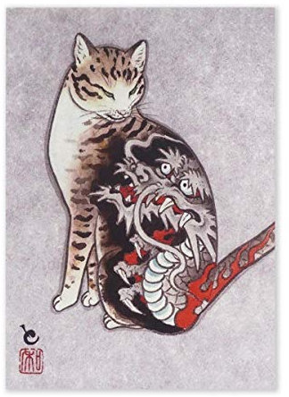 CoolChange Japanisches Katzen Wandbild im Ukiyo e Stil | Katzen Wandbild auf Hartschaumplatte | Poster 30x42cm | Motiv: Katze mit Tattoo