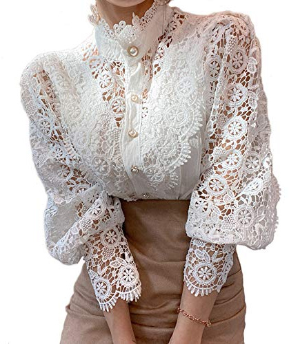 Women’s Elegant Lace Trim Shirts Casual Victorian Blouse Long Sleeve Button Down Tops(S,White)