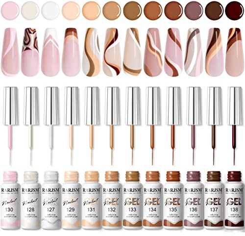 RARJSM Gel Nail Art Liner Nude Painted Gel Nail Polish Set 12 Colors 5ml Pink Brown Line Art Gel Polish Build in Thin Sharp Pen Brush for Swirl Nails Striper Painting Soak Off Curing Requires