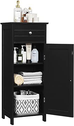 Multigot Bathroom Floor Cabinet, Wood Storage Cupboard with Drawer, Adjustable Shelf & Magnetic Door, Freestanding Toilet Organizer Unit for Bedroom Living Room Entryway(Black,7-Position Adjustable)