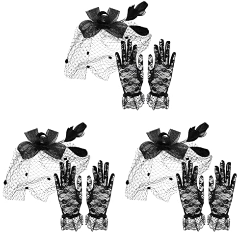 minkissy 3Pcs Clip Partyhandschuhe Stirnbänder Spitzenschleier Fascinator mit Proms Cocktailfeder für Mesh-Accessoires Fascinators Schleife Tee Stirnband Kurzes Haar Hut Bowknot Gesicht