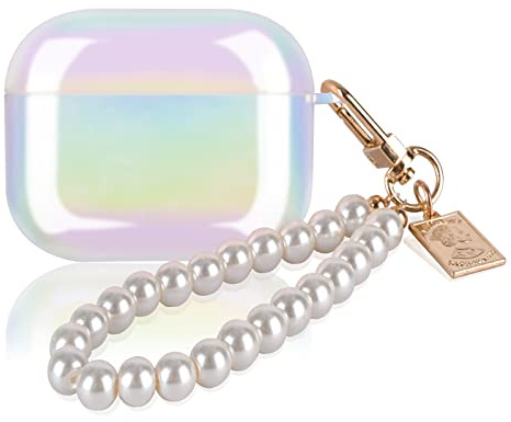 Custodia per Airpods 3 con Portachiavi a Conchiglia, Colorato Scintillio Glitter Abbastanza per Airpods 3a Generazione Pelle Protettiva Copertura Morbido TPU Antiurto - Bianco Perlato