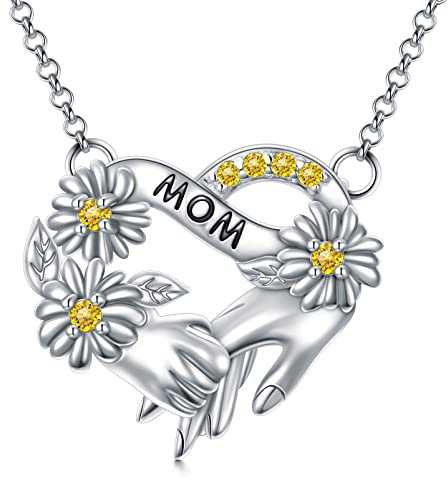 Flpruy Mutter Kette, Hände Halten Mama Halskette 925 Sterling Silber Gänseblümchen Mutter Kind Herz Anhänger Schmuck, Muttertag Geschenk für Mama Frauen Mädchen