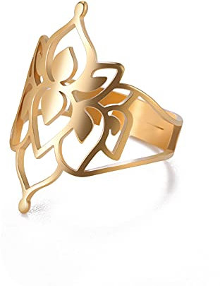 kkjoy Durchbrochener Lotusblumen-Yoga-Ring aus Edelstahl, Buddhismus, Lotus, verstellbar, offene Fingerringe, inspirierender Schmuck, Geschenk für Frauen Teenager Mädchen