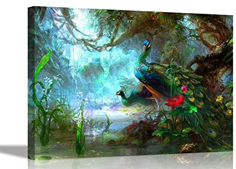 Kunstdruck auf Leinwand, Wandbild Leinwand Bilder, Motiv: Pfauen im grünen Wald, gespannt, gerahmt, für Zuhause, Büro, Schlafzimmer, Naturfotos, 101 x 76 cm