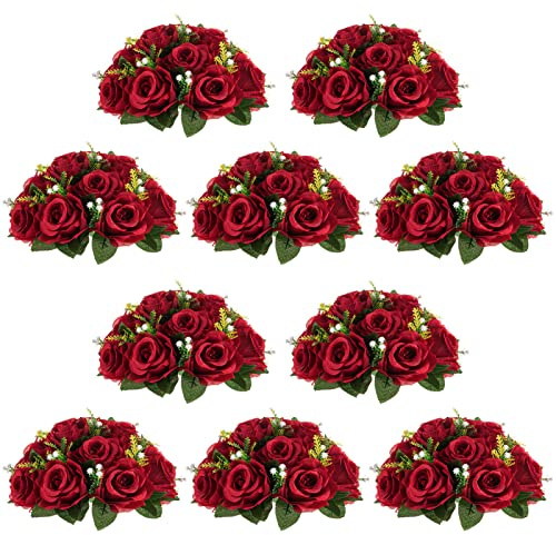 NUPTIO Flower Wedding Centrepieces for Tables - 10 Pcs 9.5in Diameter Crimson Artificial Flowers Rose Ball for Centerpieces Table - Fake Rose Arrangements for Weddings Birthday Party Decor