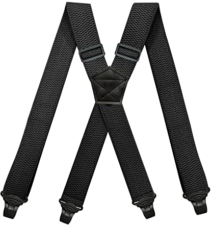 BaronHong Flughafenfreundliche Hosenträger, kein Summen, Kunststoff, 4 Clips, 3,8 cm, vollelastische Hosenträger mit Lederaufnäher, Ski-Hosenträger (schwarz, M)