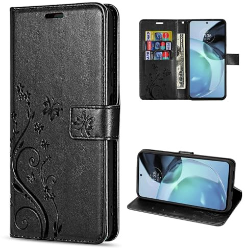 betterfon Hülle Kompatibel mit Motorola Moto G72 | Premium PU Leder Handyhülle Wallet Case für Moto G72 | Schutzhülle Blumen Klapphülle Handyhülle | Schwarz