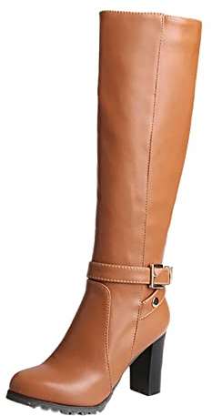 Donna Inverno Tacco spesso Tacco alto Piattaforma impermeabile Rotondo Stivali in pelle a testa alta gambo stretto, marrone, 39 EU