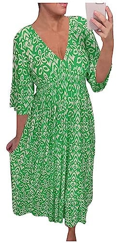 Dress with Pockets, Work Dresses for Women UK Boho Dresses Summer Dresses Plus Size 22/24 Women's Fashionable Casual Printed V-Neck Dress Tunic Waist Ruffle Sleeves 3 4 A Line (3XL, Green)
