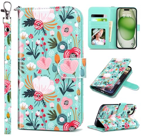 ULAK für iPhone 15 Hülle Flip Leder PU Klapphülle Cover Tasche Brieftasche Schutzhülle Standfunktion Handyhülle mit Kartenfächer Case für iPhone 15 6,1 Zoll - Grün