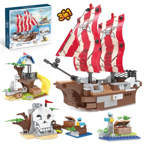 QLT Piratenschiff Bausteinspielzeug Set, 3-in-1 Piratenschiff, Piratenbaumhaus und Schädelinsel, klemmbausteine für Kinder ab 6+ Jahren(260 Pieces)